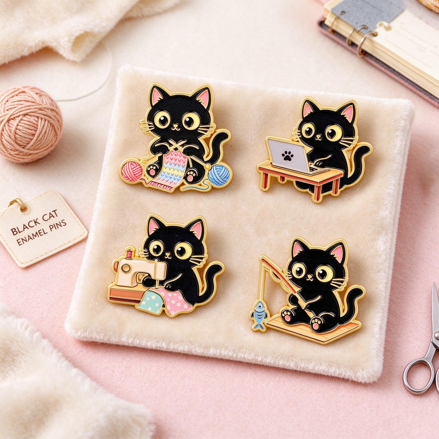 Kawaii Tech Accessories - 4 Stück Kawaii Arbeits-Emaille-Broschen-Set mit schwarzer